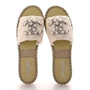 CHANEL Cream Quilted Chain Sandals